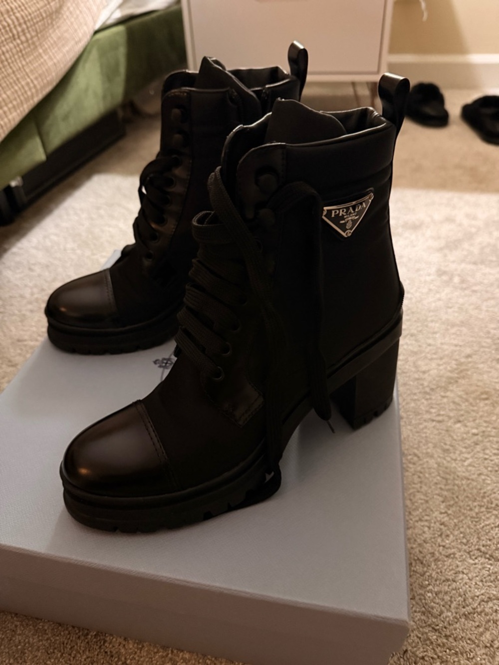 Prada Black Lace-Up Platform Combat Ankle Boots